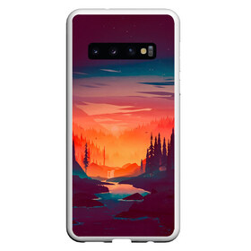 Чехол для Samsung Galaxy S10 с принтом Minimal forest sunset в Санкт-Петербурге, Силикон | Область печати: задняя сторона чехла, без боковых панелей | Тематика изображения на принте: forest | light | minimal | mountain | orange | purple | stone | sunset | water | вода | горы | закат | минимализм | оранжевый | фиолетовый