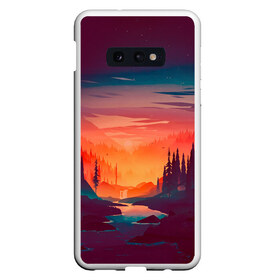 Чехол для Samsung S10E с принтом Minimal forest sunset в Санкт-Петербурге, Силикон | Область печати: задняя сторона чехла, без боковых панелей | Тематика изображения на принте: forest | light | minimal | mountain | orange | purple | stone | sunset | water | вода | горы | закат | минимализм | оранжевый | фиолетовый