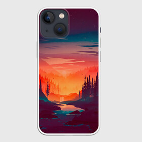 Чехол для iPhone 13 mini с принтом Minimal forest sunset в Санкт-Петербурге,  |  | Тематика изображения на принте: forest | light | minimal | mountain | orange | purple | stone | sunset | water | вода | горы | закат | минимализм | оранжевый | фиолетовый