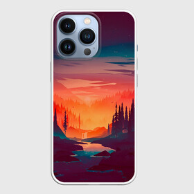 Чехол для iPhone 13 Pro с принтом Minimal forest sunset в Санкт-Петербурге,  |  | Тематика изображения на принте: forest | light | minimal | mountain | orange | purple | stone | sunset | water | вода | горы | закат | минимализм | оранжевый | фиолетовый