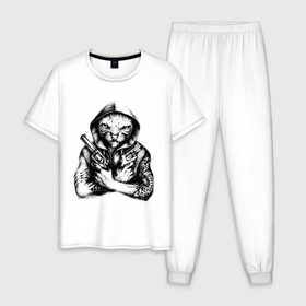 Мужская пижама хлопок с принтом Кот гангстер в Санкт-Петербурге, 100% хлопок | брюки и футболка прямого кроя, без карманов, на брюках мягкая резинка на поясе и по низу штанин
 | 