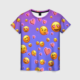 Женская футболка 3D с принтом Очень много эмодзи в Санкт-Петербурге, 100% полиэфир ( синтетическое хлопкоподобное полотно) | прямой крой, круглый вырез горловины, длина до линии бедер | сердца | смайл | смайлик | эмодзи