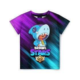 Детская футболка 3D с принтом BRAWL STARS LEON SHARK в Санкт-Петербурге, 100% гипоаллергенный полиэфир | прямой крой, круглый вырез горловины, длина до линии бедер, чуть спущенное плечо, ткань немного тянется | Тематика изображения на принте: bibi | brawl stars | crow | el brown | leon | leon shark | max | sally leon | shark | stars | werewolf | акула | биби | ворон | леон | оборотень