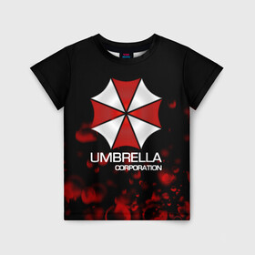 Детская футболка 3D с принтом UMBRELLA CORP в Санкт-Петербурге, 100% гипоаллергенный полиэфир | прямой крой, круглый вырез горловины, длина до линии бедер, чуть спущенное плечо, ткань немного тянется | Тематика изображения на принте: biohazard | biohazard 7 | crocodile | fang | game | hand | monster | new umbrella | resident evil | resident evil 7 | umbrella | umbrella corp | umbrella corporation | zombie | обитель