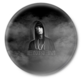 Значок с принтом EMINEM. в Санкт-Петербурге,  металл | круглая форма, металлическая застежка в виде булавки | Тематика изображения на принте: eminem | marshall bruce mathers | music to be murdered by | rap | американский рэпер | зарубежный реп | маршалл брюс мэтерс | музыка | реп | рэпер | эм | эминем