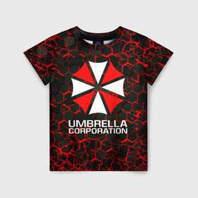 Детская футболка 3D с принтом UMBRELLA CORPORATION. в Санкт-Петербурге, 100% гипоаллергенный полиэфир | прямой крой, круглый вырез горловины, длина до линии бедер, чуть спущенное плечо, ткань немного тянется | Тематика изображения на принте: corp | corporation | resident evil | umbrella | umbrella corporation | зомби апокалипсис | зонт | игра