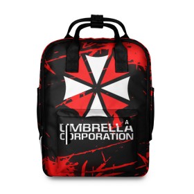 Женский рюкзак 3D с принтом UMBRELLA CORPORATION. в Санкт-Петербурге, 100% полиэстер | лямки с регулируемой длиной, сверху ручки, чтобы рюкзак нести как сумку. Основное отделение закрывается на молнию, как и внешний карман. Внутри два дополнительных кармана, один из которых закрывается на молнию. По бокам два дополнительных кармашка, куда поместится маленькая бутылочка
 | Тематика изображения на принте: corp | corporation | resident evil | umbrella | umbrella corporation | зомби апокалипсис | зонт | игра