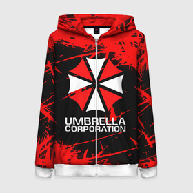 Женская толстовка 3D на молнии с принтом UMBRELLA CORPORATION. в Санкт-Петербурге, 100% полиэстер | длина до линии бедра, манжеты и пояс оформлены мягкой тканевой резинкой, двухслойный капюшон со шнурком для регулировки, спереди молния, по бокам два кармана | corp | corporation | resident evil | umbrella | umbrella corporation | зомби апокалипсис | зонт | игра