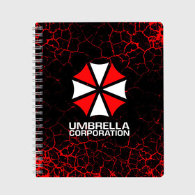 Тетрадь с принтом UMBRELLA CORPORATION в Санкт-Петербурге, 100% бумага | 48 листов, плотность листов — 60 г/м2, плотность картонной обложки — 250 г/м2. Листы скреплены сбоку удобной пружинной спиралью. Уголки страниц и обложки скругленные. Цвет линий — светло-серый
 | Тематика изображения на принте: corp | corporation | resident evil | umbrella | umbrella corporation | зомби апокалипсис | зонт | игра