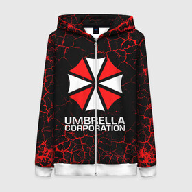 Женская толстовка 3D на молнии с принтом UMBRELLA CORPORATION. в Санкт-Петербурге, 100% полиэстер | длина до линии бедра, манжеты и пояс оформлены мягкой тканевой резинкой, двухслойный капюшон со шнурком для регулировки, спереди молния, по бокам два кармана | corp | corporation | resident evil | umbrella | umbrella corporation | зомби апокалипсис | зонт | игра