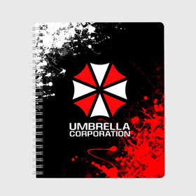 Тетрадь с принтом UMBRELLA CORPORATION в Санкт-Петербурге, 100% бумага | 48 листов, плотность листов — 60 г/м2, плотность картонной обложки — 250 г/м2. Листы скреплены сбоку удобной пружинной спиралью. Уголки страниц и обложки скругленные. Цвет линий — светло-серый
 | Тематика изображения на принте: corp | corporation | resident evil | umbrella | umbrella corporation | зомби апокалипсис | зонт | игра