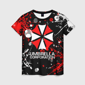 Женская футболка 3D с принтом UMBRELLA CORPORATION. в Санкт-Петербурге, 100% полиэфир ( синтетическое хлопкоподобное полотно) | прямой крой, круглый вырез горловины, длина до линии бедер | corp | corporation | resident evil | umbrella | umbrella corporation | зомби апокалипсис | зонт | игра