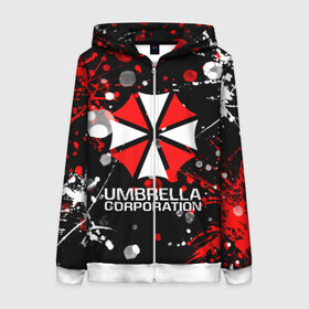 Женская толстовка 3D на молнии с принтом UMBRELLA CORPORATION. в Санкт-Петербурге, 100% полиэстер | длина до линии бедра, манжеты и пояс оформлены мягкой тканевой резинкой, двухслойный капюшон со шнурком для регулировки, спереди молния, по бокам два кармана | corp | corporation | resident evil | umbrella | umbrella corporation | зомби апокалипсис | зонт | игра