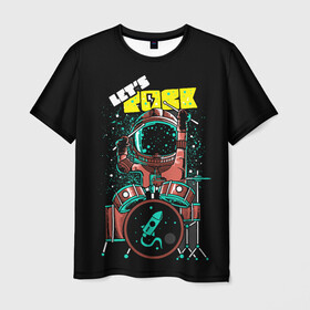 Мужская футболка 3D с принтом Lets Rock в Санкт-Петербурге, 100% полиэфир | прямой крой, круглый вырез горловины, длина до линии бедер | Тематика изображения на принте: art | astronaut | drummer | drums | rock | rocket | space | арт | астронавт | барабанщик | барабаны | космонавт | космос | ракета | рок