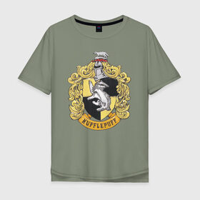 Мужская футболка хлопок Oversize с принтом Coat of Hufflepuff в Санкт-Петербурге, 100% хлопок | свободный крой, круглый ворот, “спинка” длиннее передней части | Тематика изображения на принте: vdgerir | гарри поттер | гриффиндор | дамблдор | добби | слизерин | хогвартс