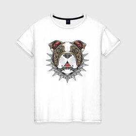 Женская футболка хлопок с принтом Бульдог в Санкт-Петербурге, 100% хлопок | прямой крой, круглый вырез горловины, длина до линии бедер, слегка спущенное плечо | бульдог | злая собака | злой пес | осторожно злая собака | ошейник | пес | псина | собака