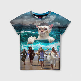 Детская футболка 3D с принтом Морской Кошак в Санкт-Петербурге, 100% гипоаллергенный полиэфир | прямой крой, круглый вырез горловины, длина до линии бедер, чуть спущенное плечо, ткань немного тянется | cat | mem | mems | вода | волны | кот | котейка | котик | кошак | кошка | мем | мем с котом | мемы | мемы с котом | мокрый кот | море | морской кот | морской кошак | облака | океан | прикол | приколы | тучи | шторм