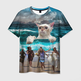 Мужская футболка 3D с принтом Морской Кошак в Санкт-Петербурге, 100% полиэфир | прямой крой, круглый вырез горловины, длина до линии бедер | Тематика изображения на принте: cat | mem | mems | вода | волны | кот | котейка | котик | кошак | кошка | мем | мем с котом | мемы | мемы с котом | мокрый кот | море | морской кот | морской кошак | облака | океан | прикол | приколы | тучи | шторм