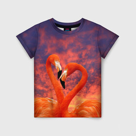 Детская футболка 3D с принтом Flamingo Love в Санкт-Петербурге, 100% гипоаллергенный полиэфир | прямой крой, круглый вырез горловины, длина до линии бедер, чуть спущенное плечо, ткань немного тянется | Тематика изображения на принте: 14 февраля | 8 марта | валентинов день | верность | влюбленность | влюбленные | вместе | вместе навсегда | девушке | женат | женский день | женский праздник | закат | замужем | кружка | любимая