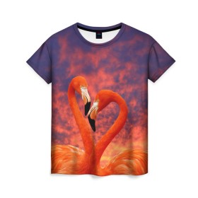 Женская футболка 3D с принтом Flamingo Love в Санкт-Петербурге, 100% полиэфир ( синтетическое хлопкоподобное полотно) | прямой крой, круглый вырез горловины, длина до линии бедер | 14 февраля | 8 марта | валентинов день | верность | влюбленность | влюбленные | вместе | вместе навсегда | девушке | женат | женский день | женский праздник | закат | замужем | кружка | любимая