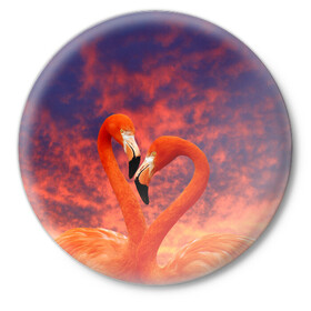 Значок с принтом Flamingo Love в Санкт-Петербурге,  металл | круглая форма, металлическая застежка в виде булавки | 14 февраля | 8 марта | валентинов день | верность | влюбленность | влюбленные | вместе | вместе навсегда | девушке | женат | женский день | женский праздник | закат | замужем | кружка | любимая