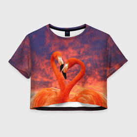 Женская футболка Crop-top 3D с принтом Flamingo Love в Санкт-Петербурге, 100% полиэстер | круглая горловина, длина футболки до линии талии, рукава с отворотами | 14 февраля | 8 марта | валентинов день | верность | влюбленность | влюбленные | вместе | вместе навсегда | девушке | женат | женский день | женский праздник | закат | замужем | кружка | любимая