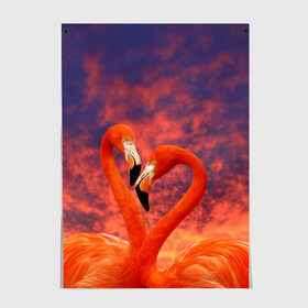 Постер с принтом Flamingo Love в Санкт-Петербурге, 100% бумага
 | бумага, плотность 150 мг. Матовая, но за счет высокого коэффициента гладкости имеет небольшой блеск и дает на свету блики, но в отличии от глянцевой бумаги не покрыта лаком | 14 февраля | 8 марта | валентинов день | верность | влюбленность | влюбленные | вместе | вместе навсегда | девушке | женат | женский день | женский праздник | закат | замужем | кружка | любимая