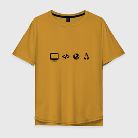 Мужская футболка хлопок Oversize с принтом LINUX в Санкт-Петербурге, 100% хлопок | свободный крой, круглый ворот, “спинка” длиннее передней части | код | пингвин | планета земля | программист | разработчик | эволюция