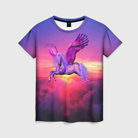 Женская футболка 3D с принтом Dusk Sky Horse в Санкт-Петербурге, 100% полиэфир ( синтетическое хлопкоподобное полотно) | прямой крой, круглый вырез горловины, длина до линии бедер | Тематика изображения на принте: высота | закат | конь | крылья | легенды | летать | летающий | лошадь | мистический | мифология | мифы | небесный | небо | облака | облач | пегас | плед | подушка | полет | пурпурный | сумерки | сумка