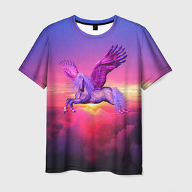 Мужская футболка 3D с принтом Dusk Sky Horse в Санкт-Петербурге, 100% полиэфир | прямой крой, круглый вырез горловины, длина до линии бедер | высота | закат | конь | крылья | легенды | летать | летающий | лошадь | мистический | мифология | мифы | небесный | небо | облака | облач | пегас | плед | подушка | полет | пурпурный | сумерки | сумка