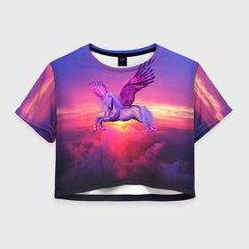 Женская футболка Crop-top 3D с принтом Dusk Sky Horse в Санкт-Петербурге, 100% полиэстер | круглая горловина, длина футболки до линии талии, рукава с отворотами | Тематика изображения на принте: высота | закат | конь | крылья | легенды | летать | летающий | лошадь | мистический | мифология | мифы | небесный | небо | облака | облач | пегас | плед | подушка | полет | пурпурный | сумерки | сумка