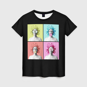 Женская футболка 3D с принтом Медуза Горгона Pop Art в Санкт-Петербурге, 100% полиэфир ( синтетическое хлопкоподобное полотно) | прямой крой, круглый вырез горловины, длина до линии бедер | Тематика изображения на принте: 8 марта | бизнес леди | в очках | девушка в очках | девушке | жвачка | жене | женский день | женский праздник | женское лицо | кружка | легенда | лицо | любимой | медуза | мифология | монстр | опасная