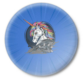Значок с принтом Единорог Rock в Санкт-Петербурге,  металл | круглая форма, металлическая застежка в виде булавки | rock | единорог | единорог рокер | кожанка | конь | лошадь | многоцветный | радуга | рог | рок | шипы