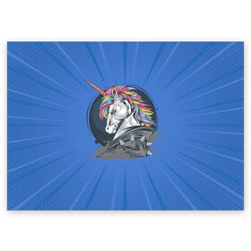 Поздравительная открытка с принтом Единорог Rock в Санкт-Петербурге, 100% бумага | плотность бумаги 280 г/м2, матовая, на обратной стороне линовка и место для марки
 | rock | единорог | единорог рокер | кожанка | конь | лошадь | многоцветный | радуга | рог | рок | шипы