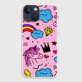 Чехол для iPhone 13 mini с принтом Единороги в Санкт-Петербурге,  |  | pink | единорог | единорожки | звезда | корона | лето | лошадка | лошадь | надпись | облака | радуга | радужный | сердечки | символы