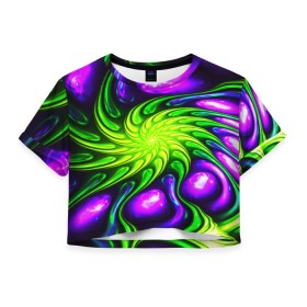 Женская футболка Crop-top 3D с принтом NEON&ACID в Санкт-Петербурге, 100% полиэстер | круглая горловина, длина футболки до линии талии, рукава с отворотами | Тематика изображения на принте: abstract | abstraction | color | fractal | geometry | paitnt | polygon | polygonal | psy | абстракция | геометрия | краски | неоновые | полигоны | психоделика | фрактал