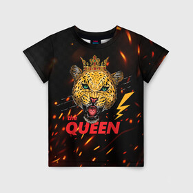 Детская футболка 3D с принтом the Queen в Санкт-Петербурге, 100% гипоаллергенный полиэфир | прямой крой, круглый вырез горловины, длина до линии бедер, чуть спущенное плечо, ткань немного тянется | queen | большая кошка | королева | корона | кошка | леопард | львица | молния