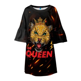 Детское платье 3D с принтом the Queen в Санкт-Петербурге, 100% полиэстер | прямой силуэт, чуть расширенный к низу. Круглая горловина, на рукавах — воланы | Тематика изображения на принте: queen | большая кошка | королева | корона | кошка | леопард | львица | молния