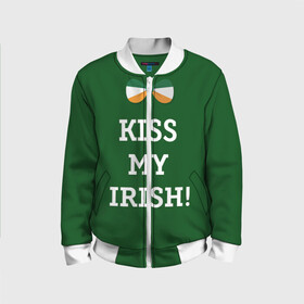 Детский бомбер 3D с принтом Kiss my Irish в Санкт-Петербурге, 100% полиэстер | застегивается на молнию, по бокам два кармана без застежек, мягкие манжеты, по низу бомбера и на воротнике — эластичная резинка | британия | день святого патрика | золото | ирландия