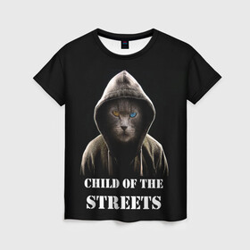 Женская футболка 3D с принтом Дитя улиц в Санкт-Петербурге, 100% полиэфир ( синтетическое хлопкоподобное полотно) | прямой крой, круглый вырез горловины, длина до линии бедер | cat | gangster | балахон | глаза | дитя улиц | кот | котик | крутой | крутой принт | принт | с надписью | топ | тренд