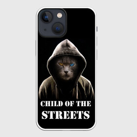 Чехол для iPhone 13 mini с принтом Дитя улиц в Санкт-Петербурге,  |  | cat | gangster | балахон | глаза | дитя улиц | кот | котик | крутой | крутой принт | принт | с надписью | топ | тренд