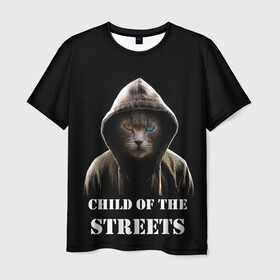 Мужская футболка 3D с принтом Дитя улиц в Санкт-Петербурге, 100% полиэфир | прямой крой, круглый вырез горловины, длина до линии бедер | cat | gangster | балахон | глаза | дитя улиц | кот | котик | крутой | крутой принт | принт | с надписью | топ | тренд