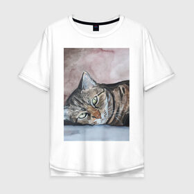 Мужская футболка хлопок Oversize с принтом Барсик в Санкт-Петербурге, 100% хлопок | свободный крой, круглый ворот, “спинка” длиннее передней части | полосатый кот. рисунок акварелью