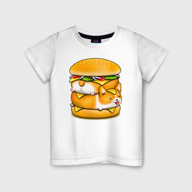 Детская футболка хлопок с принтом Корги в Санкт-Петербурге, 100% хлопок | круглый вырез горловины, полуприлегающий силуэт, длина до линии бедер | Тематика изображения на принте: art | burger | chees | corgi | dog | арт | бургер | еда | корги | миска | собака | сыр | чизбургер