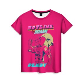 Женская футболка 3D с принтом Hotline Miami в Санкт-Петербурге, 100% полиэфир ( синтетическое хлопкоподобное полотно) | прямой крой, круглый вырез горловины, длина до линии бедер | hotline miami | горячая линия майами | денди | игра | майами | пальмы | слоник