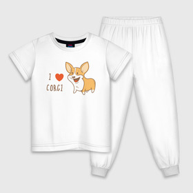 Детская пижама хлопок с принтом I LOVE CORGI в Санкт-Петербурге, 100% хлопок |  брюки и футболка прямого кроя, без карманов, на брюках мягкая резинка на поясе и по низу штанин
 | Тематика изображения на принте: animals | corgi | dogs | pets | puppies | queen | животные | корги | королева | песики | питомцы | собаки | щенки