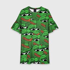 Детское платье 3D с принтом Pepe The Frog в Санкт-Петербурге, 100% полиэстер | прямой силуэт, чуть расширенный к низу. Круглая горловина, на рукавах — воланы | Тематика изображения на принте: frog | meme | memes | pepe | pepe the frog | грустная жабка | лягушка | лягушонок пепе | мем | мемы