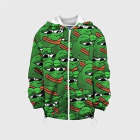 Детская куртка 3D с принтом Pepe The Frog в Санкт-Петербурге, 100% полиэстер | застежка — молния, подол и капюшон оформлены резинкой с фиксаторами, по бокам — два кармана без застежек, один потайной карман на груди, плотность верхнего слоя — 90 г/м2; плотность флисового подклада — 260 г/м2 | Тематика изображения на принте: frog | meme | memes | pepe | pepe the frog | грустная жабка | лягушка | лягушонок пепе | мем | мемы