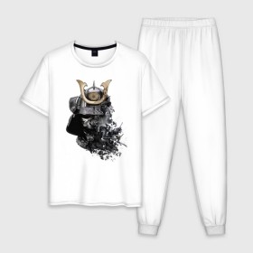 Мужская пижама хлопок с принтом Самурайский шлем, Самурай арт в Санкт-Петербурге, 100% хлопок | брюки и футболка прямого кроя, без карманов, на брюках мягкая резинка на поясе и по низу штанин
 | 