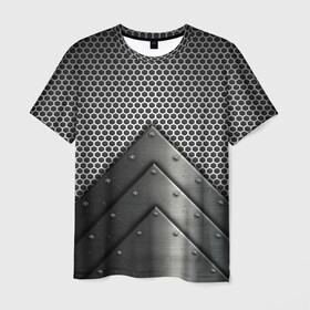 Мужская футболка 3D с принтом Броня металлическая в Санкт-Петербурге, 100% полиэфир | прямой крой, круглый вырез горловины, длина до линии бедер | Тематика изображения на принте: абстракция | броня | геометрия | железо | кольчуга | конус | круги | линии | металл | полосы | сетка | сталь | текстура | треугольник
